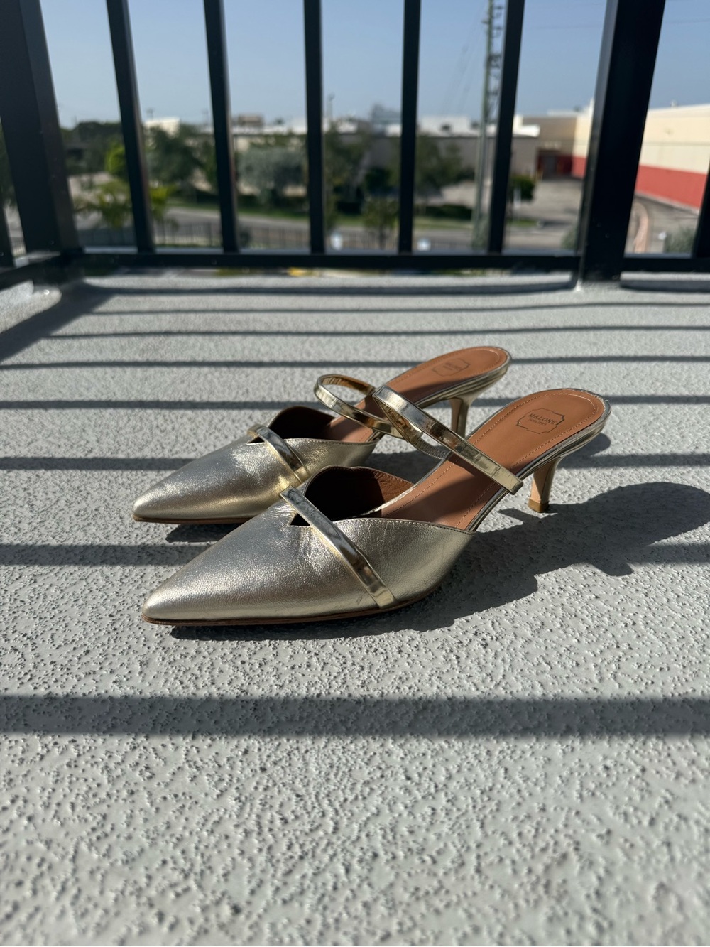 Malone Souliers Metallic Gold Pointed Slingback Mules